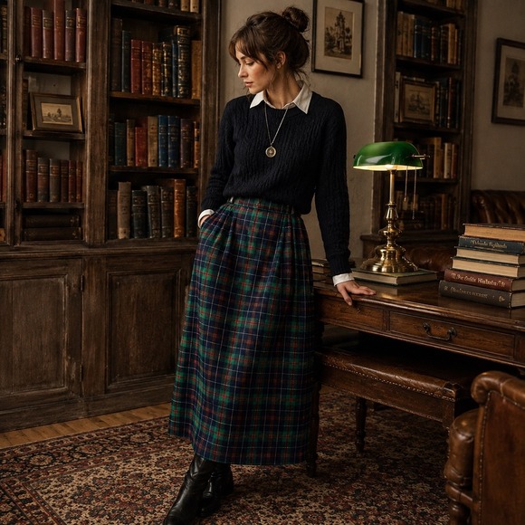 Pendleton Dresses & Skirts - Vintage Pendleton Wool Plaid Midi Skirt Green Navy Red Pockets Made in USA 12
